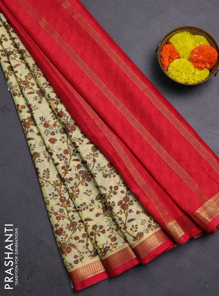 Pale Yellow & Red Semi Mysore Silk Saree - Prints