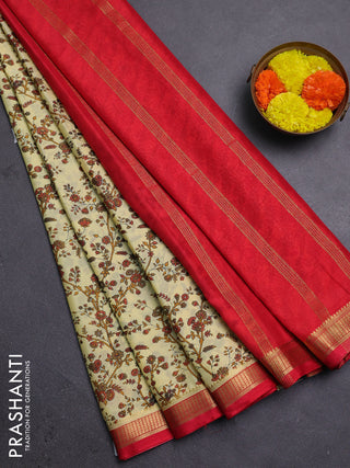 Pale Yellow & Red Semi Mysore Silk Saree - Prints