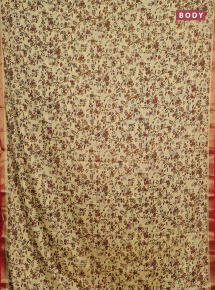 Pale Yellow & Red Semi Mysore Silk Saree - Prints