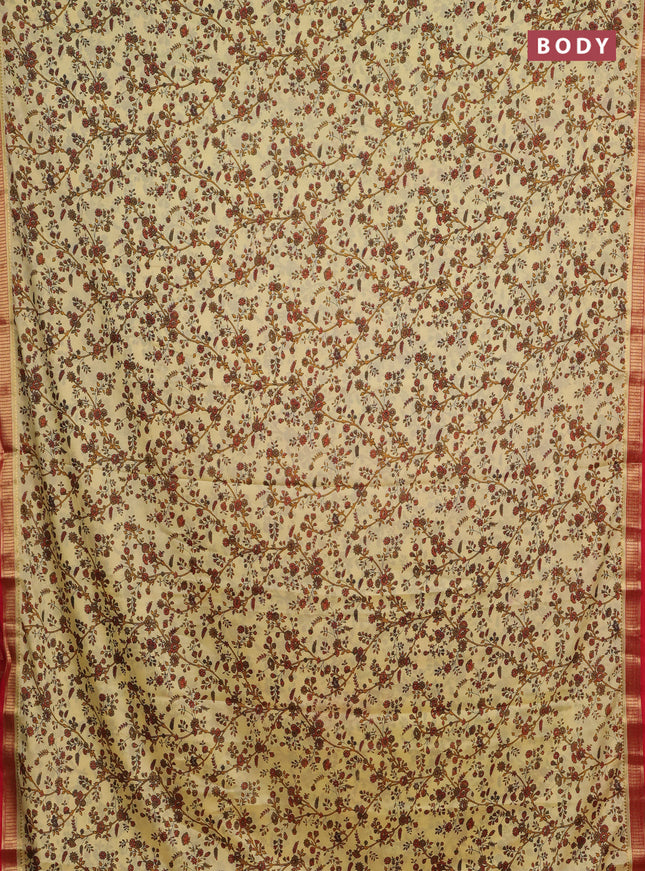 Pale Yellow & Red Semi Mysore Silk Saree - Prints