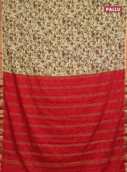 Pale Yellow & Red Semi Mysore Silk Saree - Prints