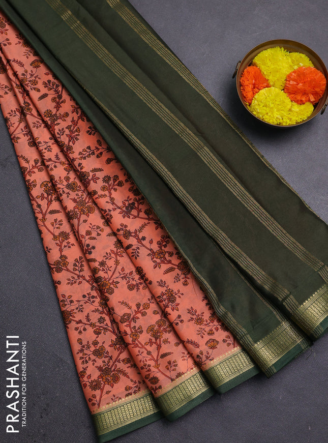 Peach    & Green Semi Mysore Silk Saree - Prints