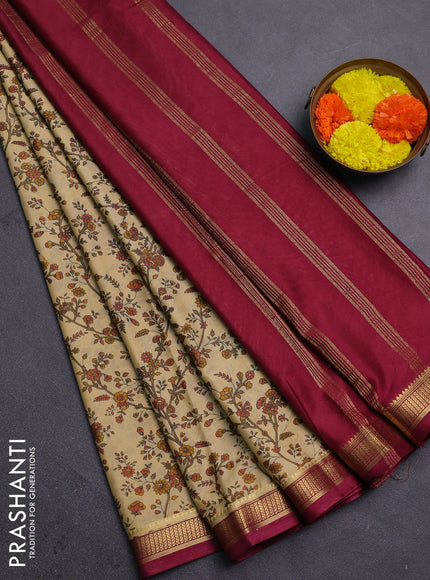 Beige & Maroon Semi Mysore Silk Saree - Prints