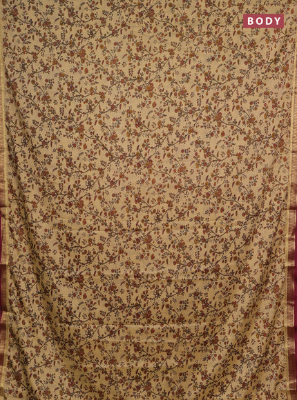 Beige & Maroon Semi Mysore Silk Saree - Prints