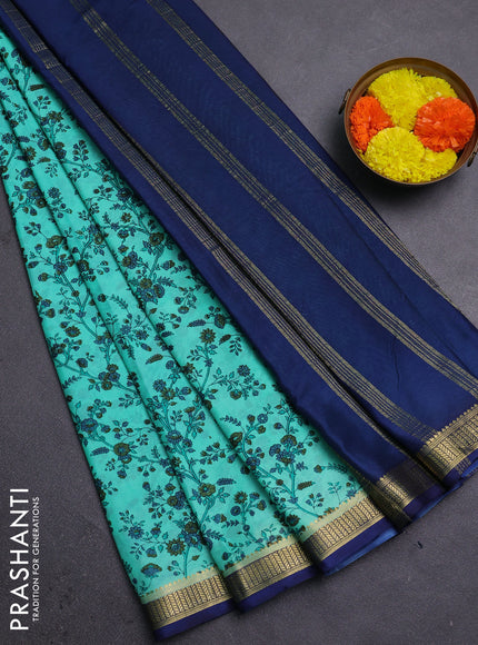 Teal Green & Navy Blue Semi Mysore Silk Saree - Prints