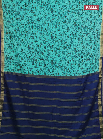 Teal Green & Navy Blue Semi Mysore Silk Saree - Prints
