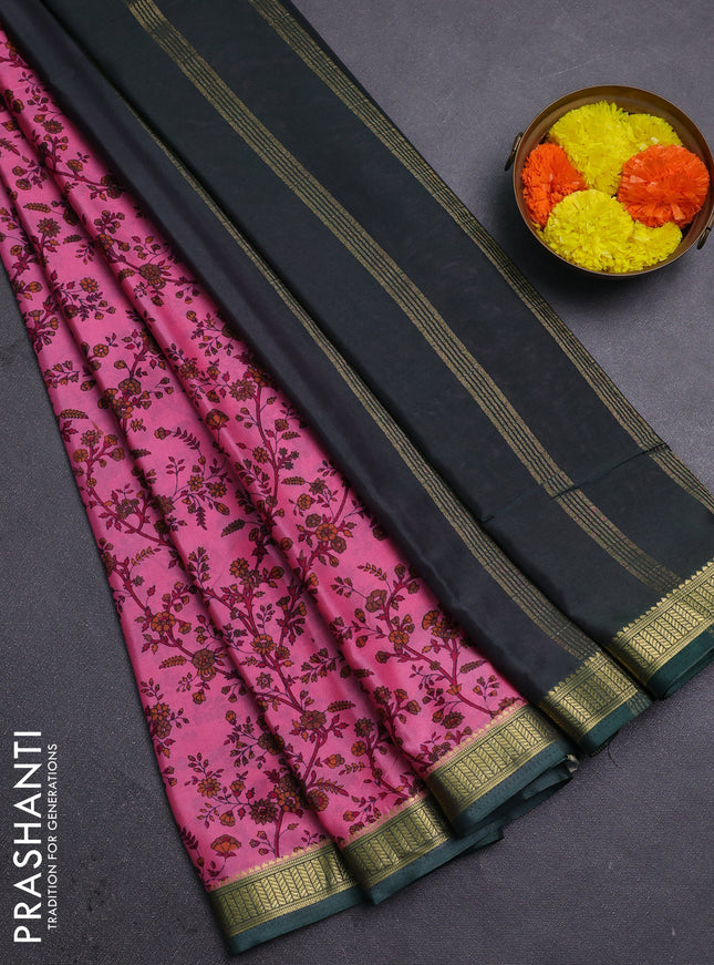Peach Pink & Green Semi Mysore Silk Saree - Prints