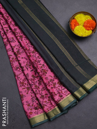 Peach Pink & Green Semi Mysore Silk Saree - Prints