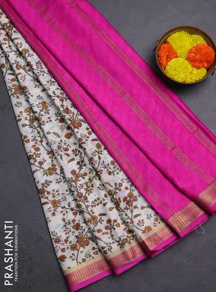 Off White & Pink Semi Mysore Silk Saree - Prints