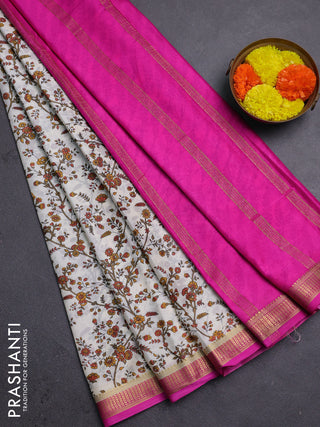 Off White & Pink Semi Mysore Silk Saree - Prints