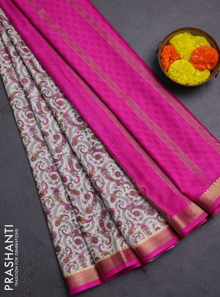Off White & Pink Semi Mysore Silk Saree - Prints