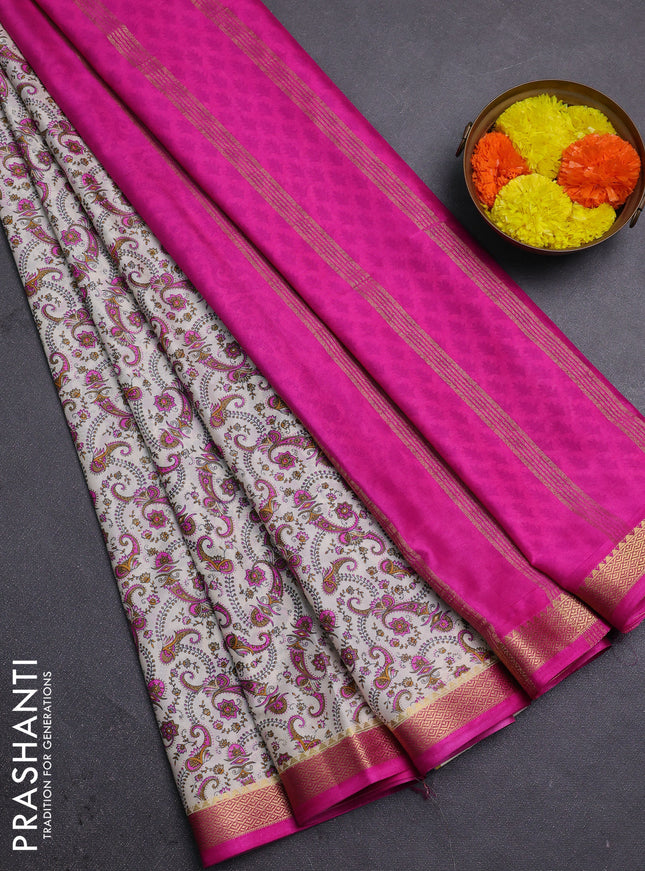 Off White & Pink Semi Mysore Silk Saree - Prints