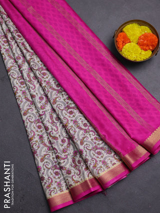 Off White & Pink Semi Mysore Silk Saree - Prints