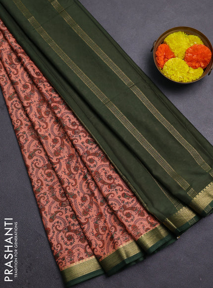 Peach  & Green Semi Mysore Silk Saree - Prints