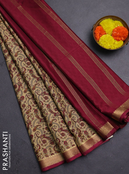 Beige & Maroon Semi Mysore Silk Saree - Prints