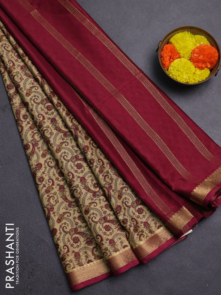 Beige & Maroon Semi Mysore Silk Saree - Prints
