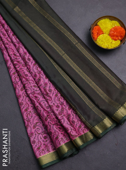 Peach Pink & Green Semi Mysore Silk Saree - Prints
