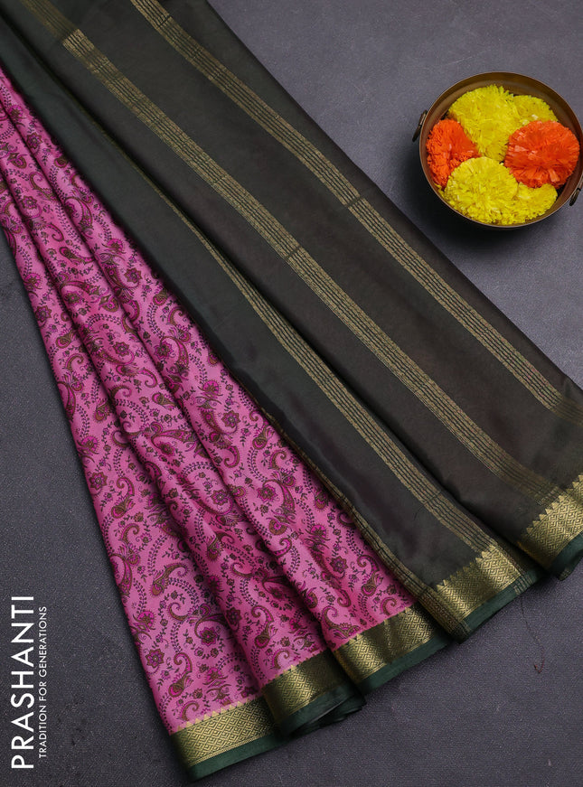 Peach Pink & Green Semi Mysore Silk Saree - Prints