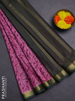 Peach Pink & Green Semi Mysore Silk Saree - Prints