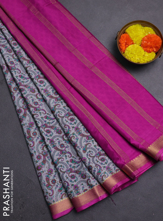 Grey & Pink Semi Mysore Silk Saree - Prints