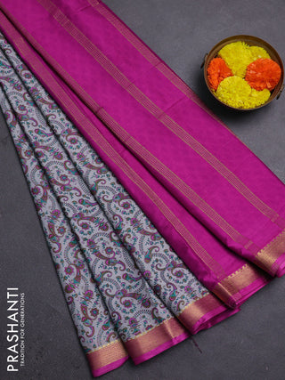Grey & Pink Semi Mysore Silk Saree - Prints