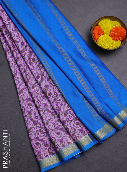 Lotus Pink & Cs Blue Semi Mysore Silk Saree - Prints