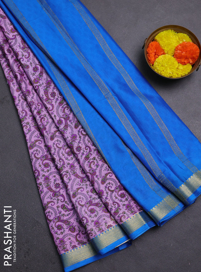 Lotus Pink & Cs Blue Semi Mysore Silk Saree - Prints