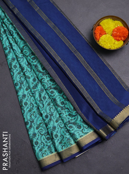 Teal Green & Navy Blue Semi Mysore Silk Saree - Prints