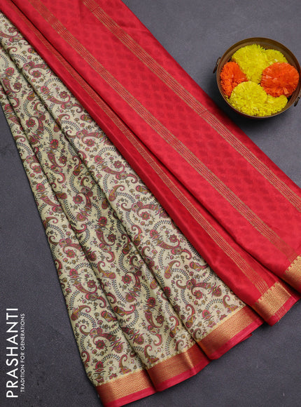 Pale Yellow & Pink Semi Mysore Silk Saree - Prints