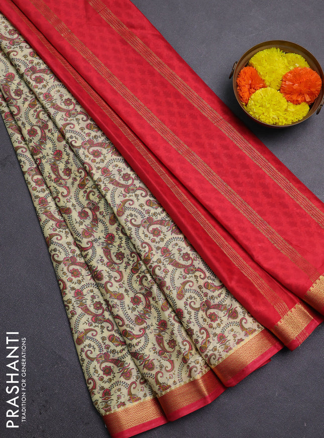 Pale Yellow & Pink Semi Mysore Silk Saree - Prints