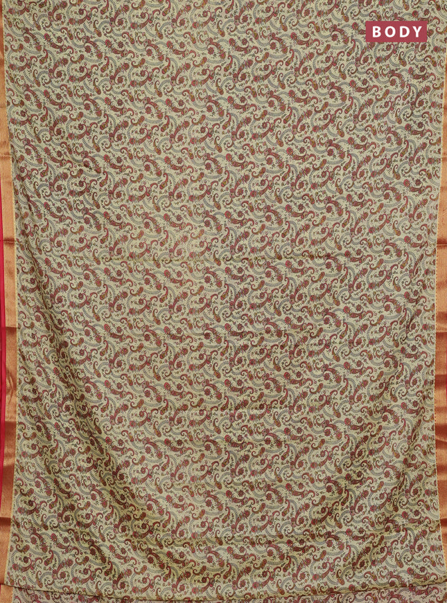 Pale Yellow & Pink Semi Mysore Silk Saree - Prints