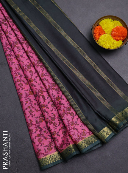 Peach Pink & Green Semi Mysore Silk Saree - Prints