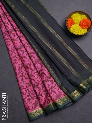 Peach Pink & Green Semi Mysore Silk Saree - Prints