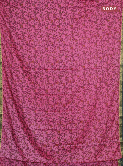 Peach Pink & Green Semi Mysore Silk Saree - Prints