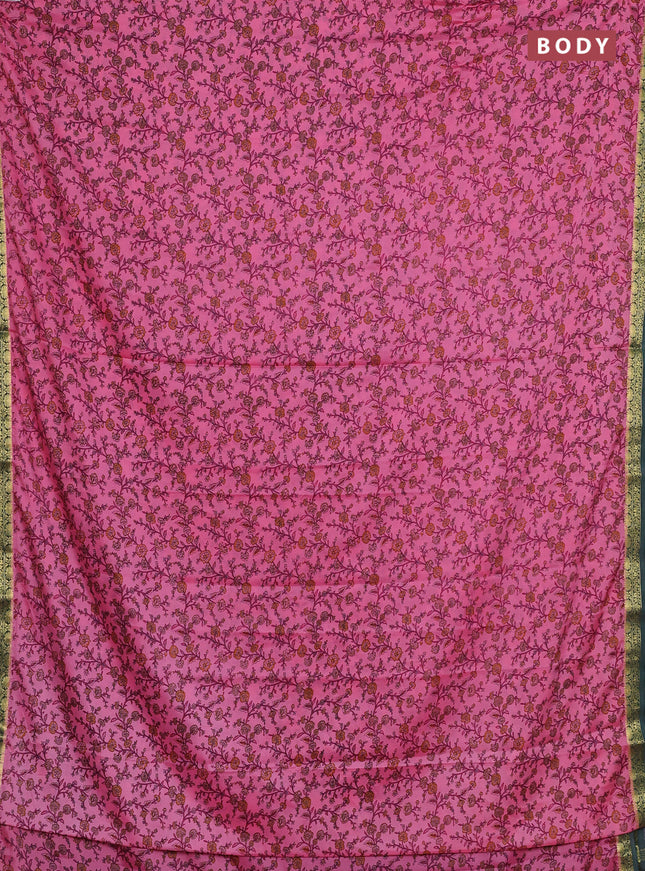 Peach Pink & Green Semi Mysore Silk Saree - Prints