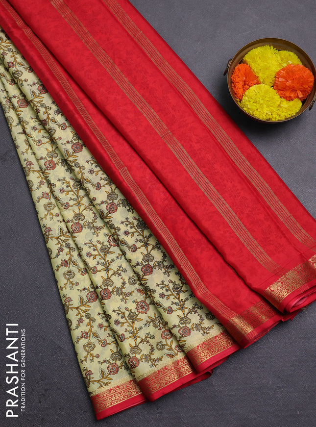 Pale Yellow & Red Semi Mysore Silk Saree - Prints