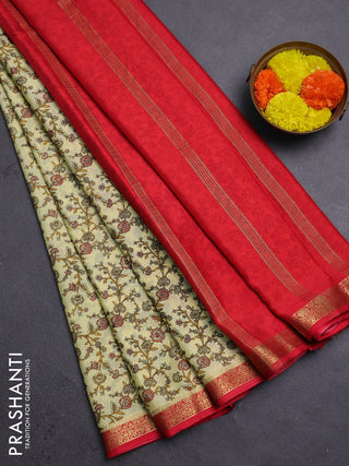 Pale Yellow & Red Semi Mysore Silk Saree - Prints