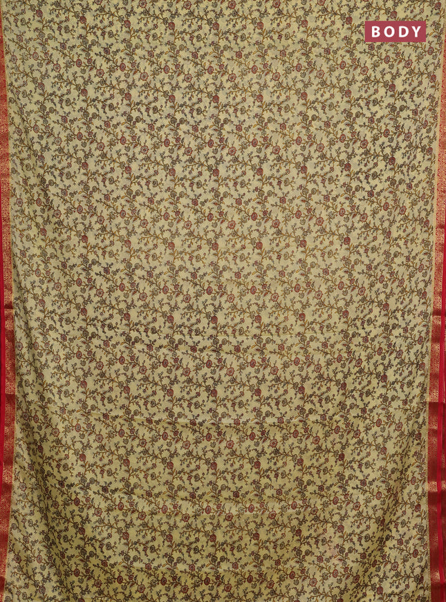 Pale Yellow & Red Semi Mysore Silk Saree - Prints