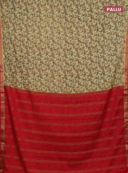 Pale Yellow & Red Semi Mysore Silk Saree - Prints