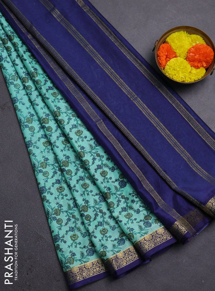 Teal Green & Blue Semi Mysore Silk Saree - Prints