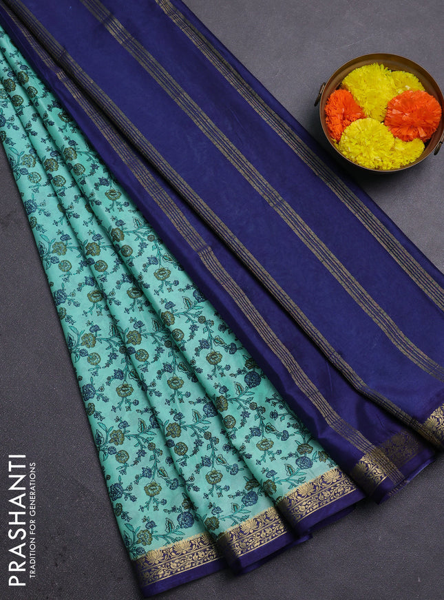 Teal Green & Blue Semi Mysore Silk Saree - Prints