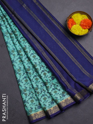 Teal Green & Blue Semi Mysore Silk Saree - Prints