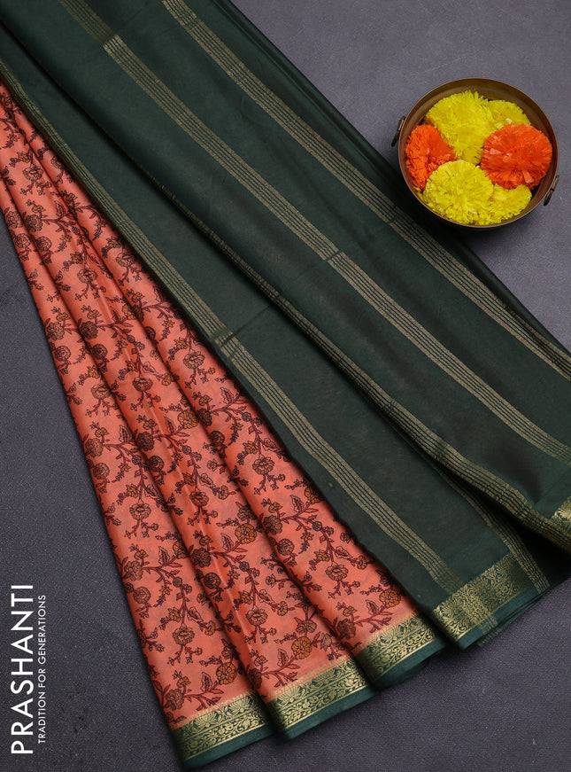 Peach & Green Semi Mysore Silk Saree - Prints
