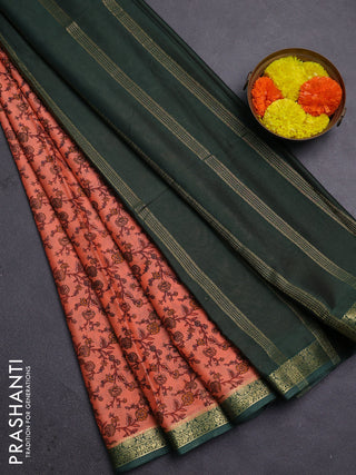 Peach & Green Semi Mysore Silk Saree - Prints