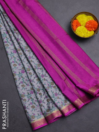 Grey & Pink Semi Mysore Silk Saree - Prints