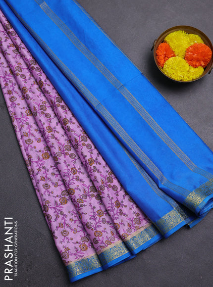 Lotus Pink & Cs Blue Semi Mysore Silk Saree - Prints