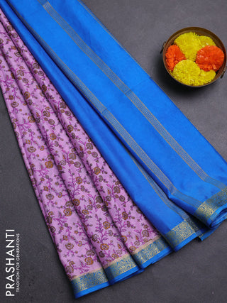 Lotus Pink & Cs Blue Semi Mysore Silk Saree - Prints