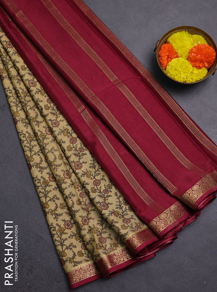Beige & Maroon Semi Mysore Silk Saree - Prints