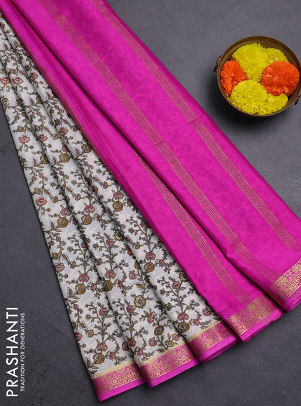 Off White & Pink Semi Mysore Silk Saree - Prints