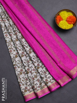 Off White & Pink Semi Mysore Silk Saree - Prints